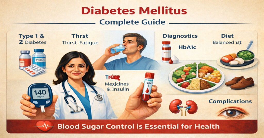 AI-generated educational infographic on Diabetes Mellitus showing patient care, glucose monitoring, type 1 and type 2 diabetes, treatment, diet, and complications.