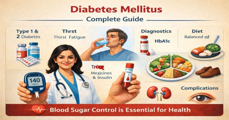 AI-generated educational infographic on Diabetes Mellitus showing patient care, glucose monitoring, type 1 and type 2 diabetes, treatment, diet, and complications.