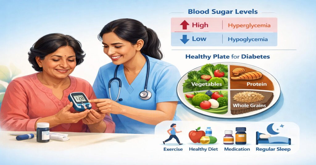 Diabetes Mellitus blood sugar monitoring and diet management illustration.